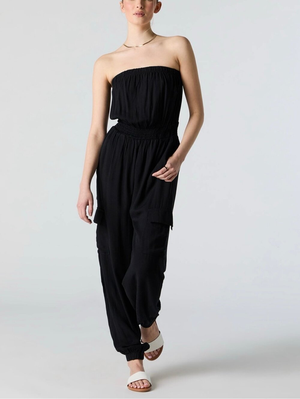 New - Women’s Gorgeous Strapless Cargo Jumpsuit - Black  - Size M